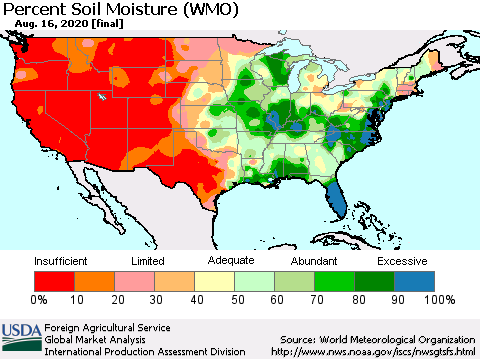 United States Percent Soil Moisture (WMO) Thematic Map For 8/10/2020 - 8/16/2020