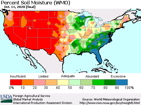 United States Percent Soil Moisture (WMO) Thematic Map For 10/5/2020 - 10/11/2020