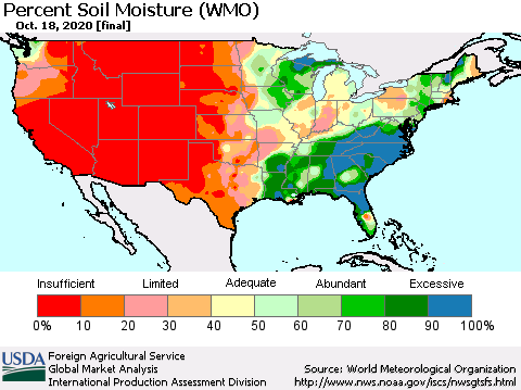 United States Percent Soil Moisture (WMO) Thematic Map For 10/12/2020 - 10/18/2020
