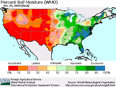 United States Percent Soil Moisture (WMO) Thematic Map For 10/19/2020 - 10/25/2020