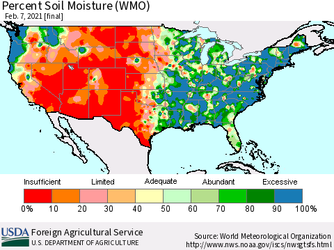 United States Percent Soil Moisture (WMO) Thematic Map For 2/1/2021 - 2/7/2021