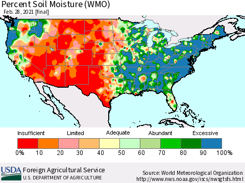 United States Percent Soil Moisture (WMO) Thematic Map For 2/22/2021 - 2/28/2021