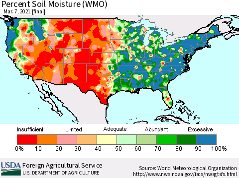 United States Percent Soil Moisture (WMO) Thematic Map For 3/1/2021 - 3/7/2021