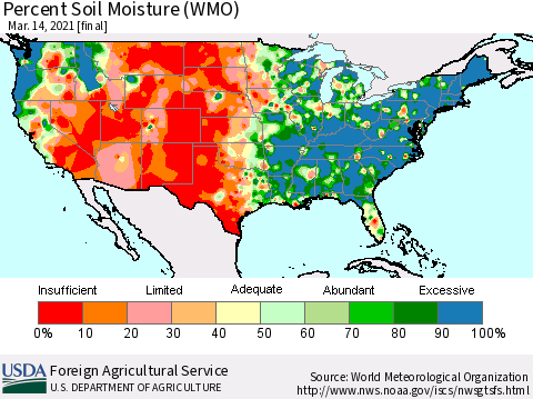 United States Percent Soil Moisture (WMO) Thematic Map For 3/8/2021 - 3/14/2021