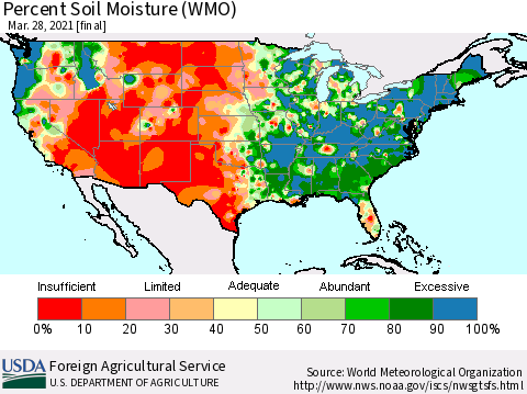 United States Percent Soil Moisture (WMO) Thematic Map For 3/22/2021 - 3/28/2021