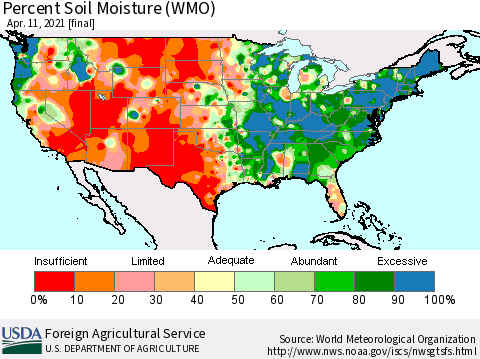 United States Percent Soil Moisture (WMO) Thematic Map For 4/5/2021 - 4/11/2021
