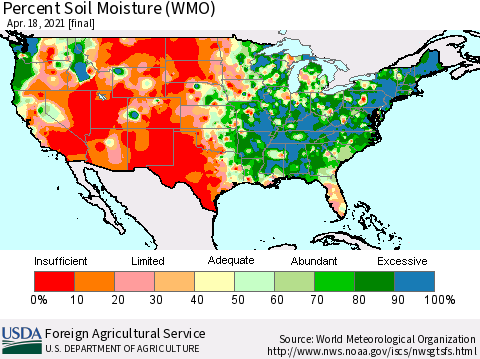 United States Percent Soil Moisture (WMO) Thematic Map For 4/12/2021 - 4/18/2021