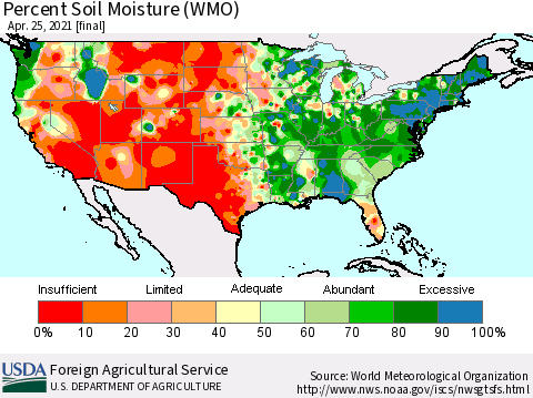 United States Percent Soil Moisture (WMO) Thematic Map For 4/19/2021 - 4/25/2021