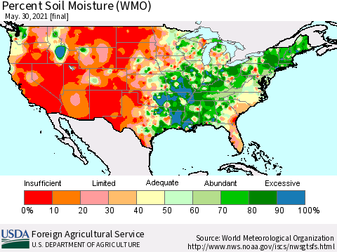United States Percent Soil Moisture (WMO) Thematic Map For 5/24/2021 - 5/30/2021