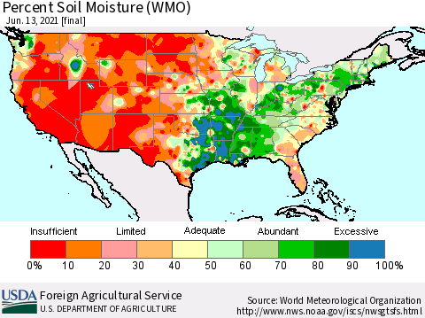 United States Percent Soil Moisture (WMO) Thematic Map For 6/7/2021 - 6/13/2021