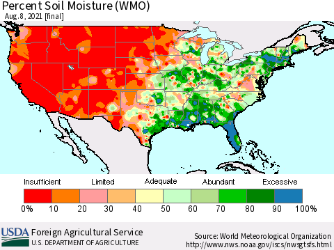 United States Percent Soil Moisture (WMO) Thematic Map For 8/2/2021 - 8/8/2021