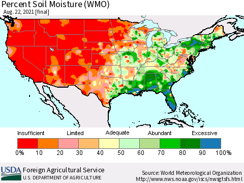 United States Percent Soil Moisture (WMO) Thematic Map For 8/16/2021 - 8/22/2021