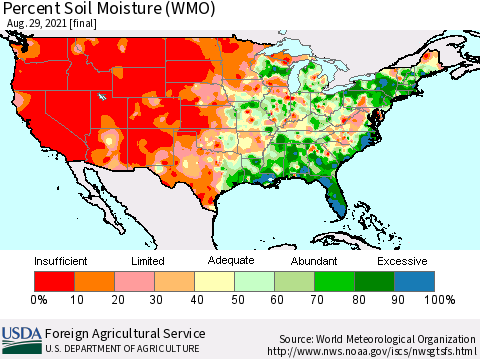 United States Percent Soil Moisture (WMO) Thematic Map For 8/23/2021 - 8/29/2021