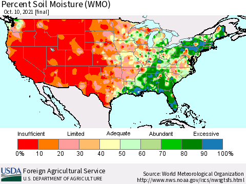 United States Percent Soil Moisture (WMO) Thematic Map For 10/4/2021 - 10/10/2021