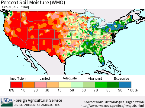United States Percent Soil Moisture (WMO) Thematic Map For 10/25/2021 - 10/31/2021
