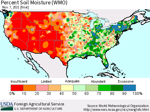 United States Percent Soil Moisture (WMO) Thematic Map For 11/1/2021 - 11/7/2021