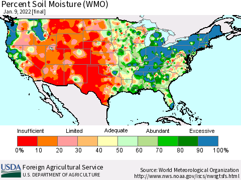 United States Percent Soil Moisture (WMO) Thematic Map For 1/3/2022 - 1/9/2022