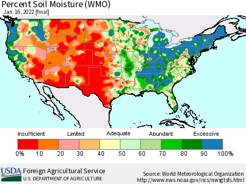 United States Percent Soil Moisture (WMO) Thematic Map For 1/10/2022 - 1/16/2022