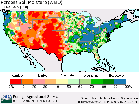 United States Percent Soil Moisture (WMO) Thematic Map For 1/24/2022 - 1/30/2022
