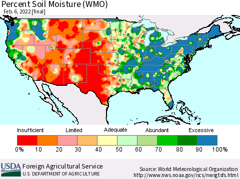 United States Percent Soil Moisture (WMO) Thematic Map For 1/31/2022 - 2/6/2022