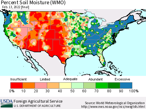 United States Percent Soil Moisture (WMO) Thematic Map For 2/7/2022 - 2/13/2022