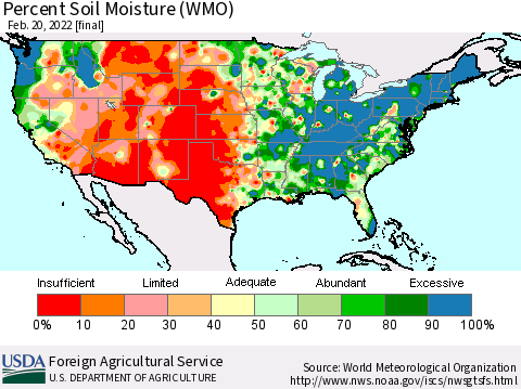 United States Percent Soil Moisture (WMO) Thematic Map For 2/14/2022 - 2/20/2022