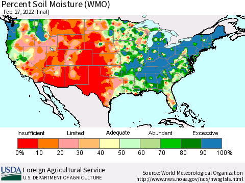 United States Percent Soil Moisture (WMO) Thematic Map For 2/21/2022 - 2/27/2022
