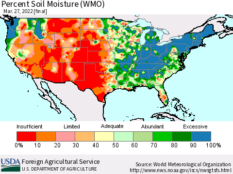 United States Percent Soil Moisture (WMO) Thematic Map For 3/21/2022 - 3/27/2022