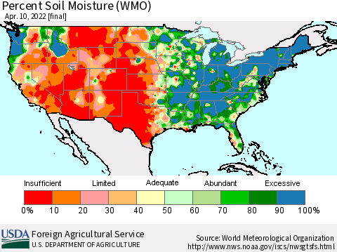 United States Percent Soil Moisture (WMO) Thematic Map For 4/4/2022 - 4/10/2022
