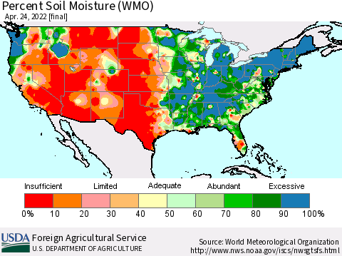 United States Percent Soil Moisture (WMO) Thematic Map For 4/18/2022 - 4/24/2022