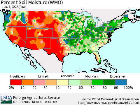 United States Percent Soil Moisture (WMO) Thematic Map For 5/30/2022 - 6/5/2022