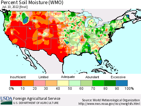 United States Percent Soil Moisture (WMO) Thematic Map For 7/4/2022 - 7/10/2022
