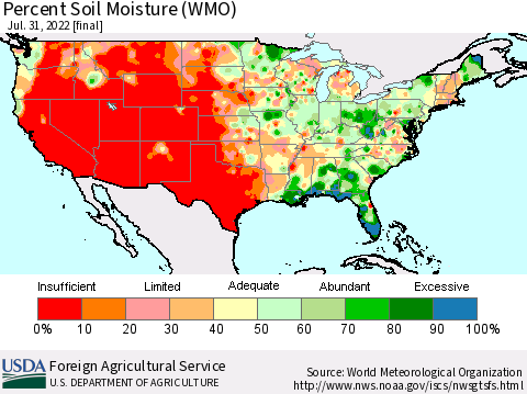 United States Percent Soil Moisture (WMO) Thematic Map For 7/25/2022 - 7/31/2022
