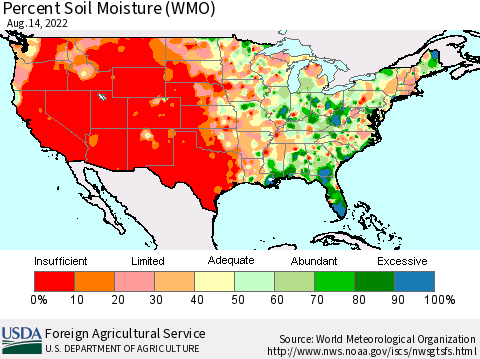 United States Percent Soil Moisture (WMO) Thematic Map For 8/8/2022 - 8/14/2022