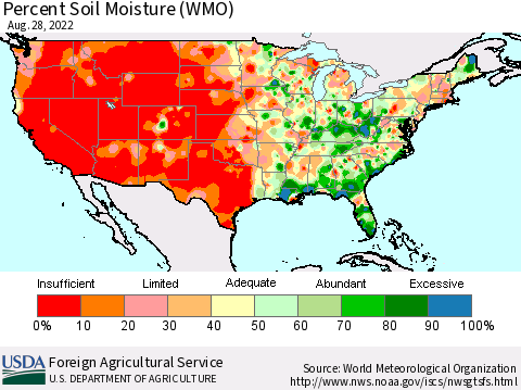 United States Percent Soil Moisture (WMO) Thematic Map For 8/22/2022 - 8/28/2022