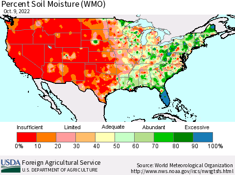United States Percent Soil Moisture (WMO) Thematic Map For 10/3/2022 - 10/9/2022