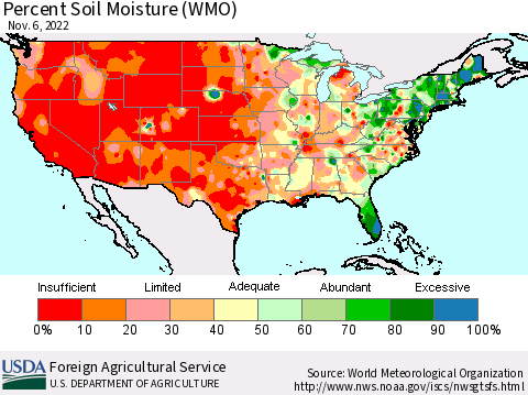 United States Percent Soil Moisture (WMO) Thematic Map For 10/31/2022 - 11/6/2022