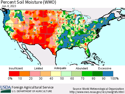 United States Percent Soil Moisture (WMO) Thematic Map For 1/2/2023 - 1/8/2023