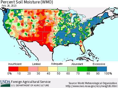 United States Percent Soil Moisture (WMO) Thematic Map For 2/20/2023 - 2/26/2023