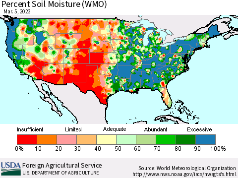 United States Percent Soil Moisture (WMO) Thematic Map For 2/27/2023 - 3/5/2023