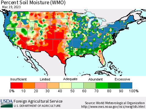 United States Percent Soil Moisture (WMO) Thematic Map For 3/13/2023 - 3/19/2023