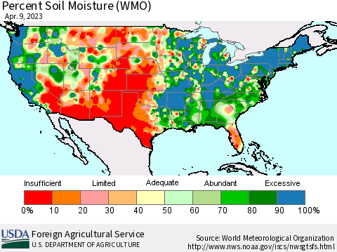 United States Percent Soil Moisture (WMO) Thematic Map For 4/3/2023 - 4/9/2023