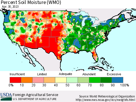 United States Percent Soil Moisture (WMO) Thematic Map For 4/24/2023 - 4/30/2023