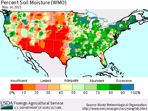 United States Percent Soil Moisture (WMO) Thematic Map For 5/8/2023 - 5/14/2023