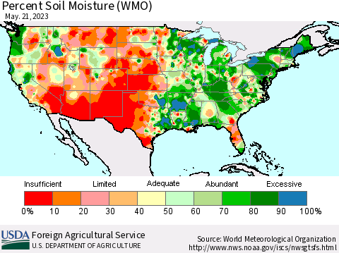 United States Percent Soil Moisture (WMO) Thematic Map For 5/15/2023 - 5/21/2023