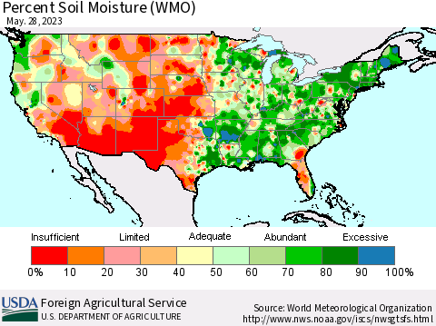 United States Percent Soil Moisture (WMO) Thematic Map For 5/22/2023 - 5/28/2023