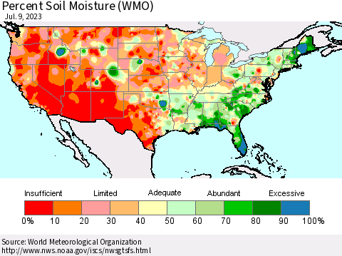 United States Percent Soil Moisture (WMO) Thematic Map For 7/3/2023 - 7/9/2023