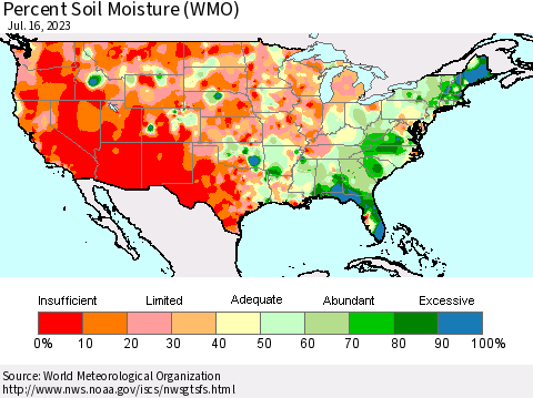 United States Percent Soil Moisture (WMO) Thematic Map For 7/10/2023 - 7/16/2023