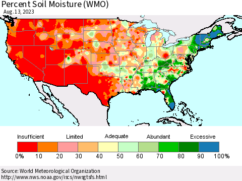 United States Percent Soil Moisture (WMO) Thematic Map For 8/7/2023 - 8/13/2023