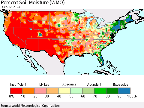 United States Percent Soil Moisture (WMO) Thematic Map For 10/16/2023 - 10/22/2023